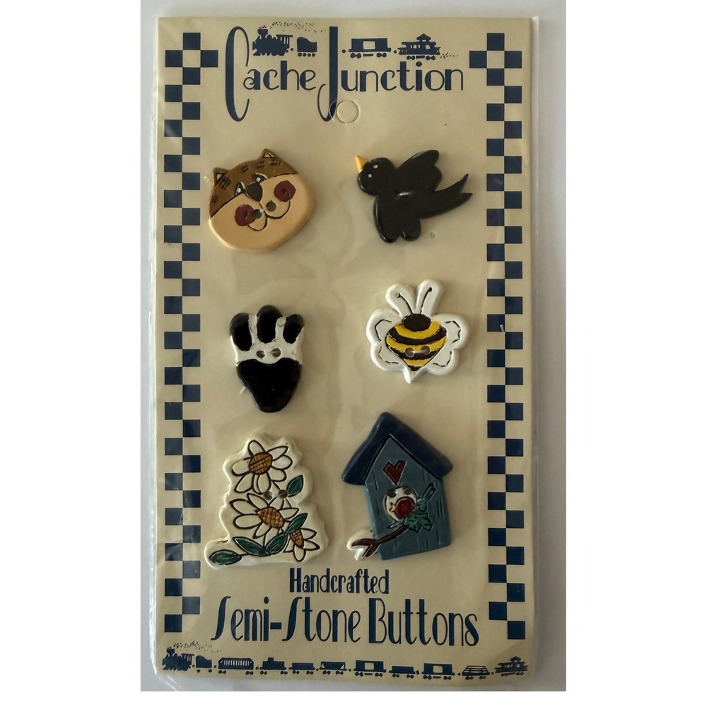 Cache Junction Semi Stone Handcrafted Button Set 6 Bee Bird Flower Dog Face N701